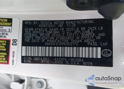 2021 Lexus Es 300H из США, поврежденный, VIN 58ADA1C10MU003170